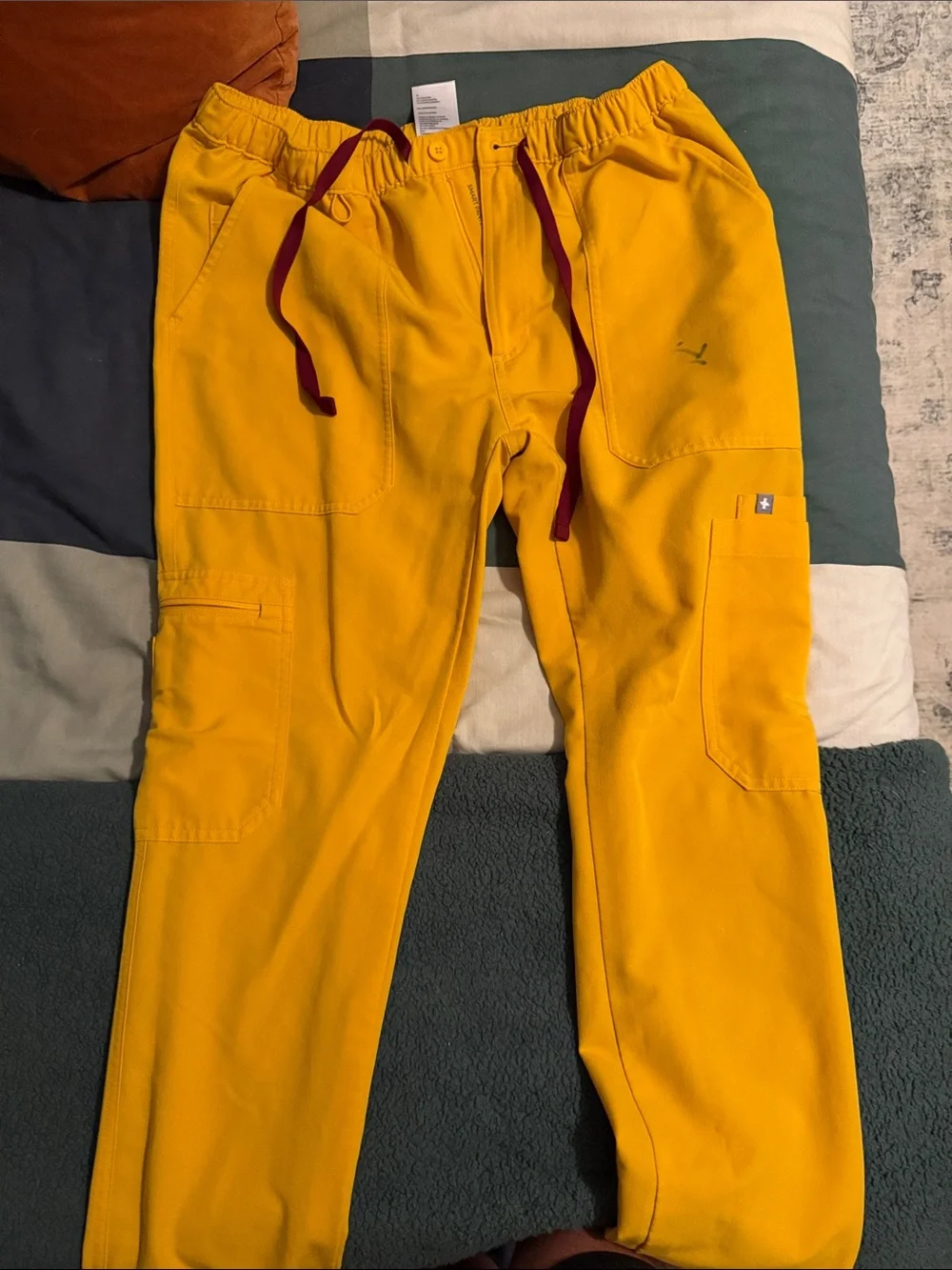 Figs Men's Bright Yellow Cargo Pants with Maroon Drawstring